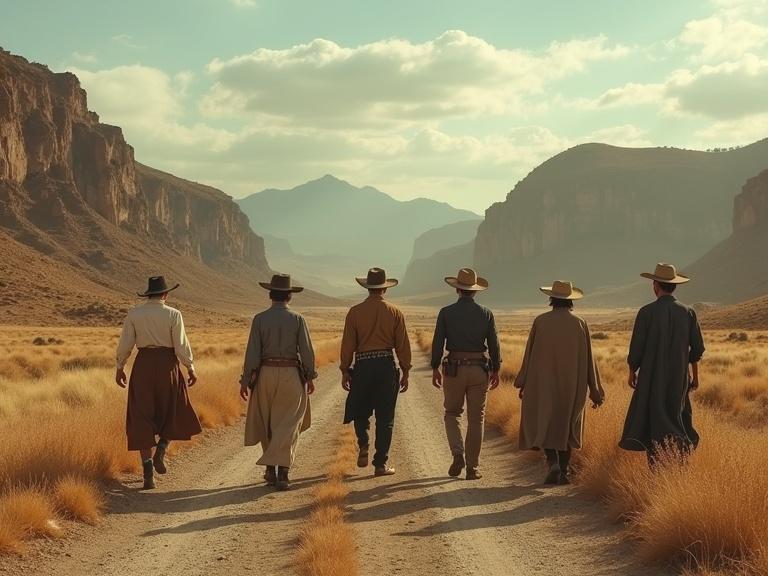 Conceptual art representation of Monterrey, Nuevo León inspired by 'The Wild Bunch'. Setting features Cerro de la Silla silhouetted in the background. Visual focus on characters dressed in early 20th-century work attire. Captures a desolate environment resembling foothills or a dusty town. Scene conveys exhaustion, tested loyalty, and the inevitability of time's passage. Grainy realistic style with lighting reflecting heat and harshness.