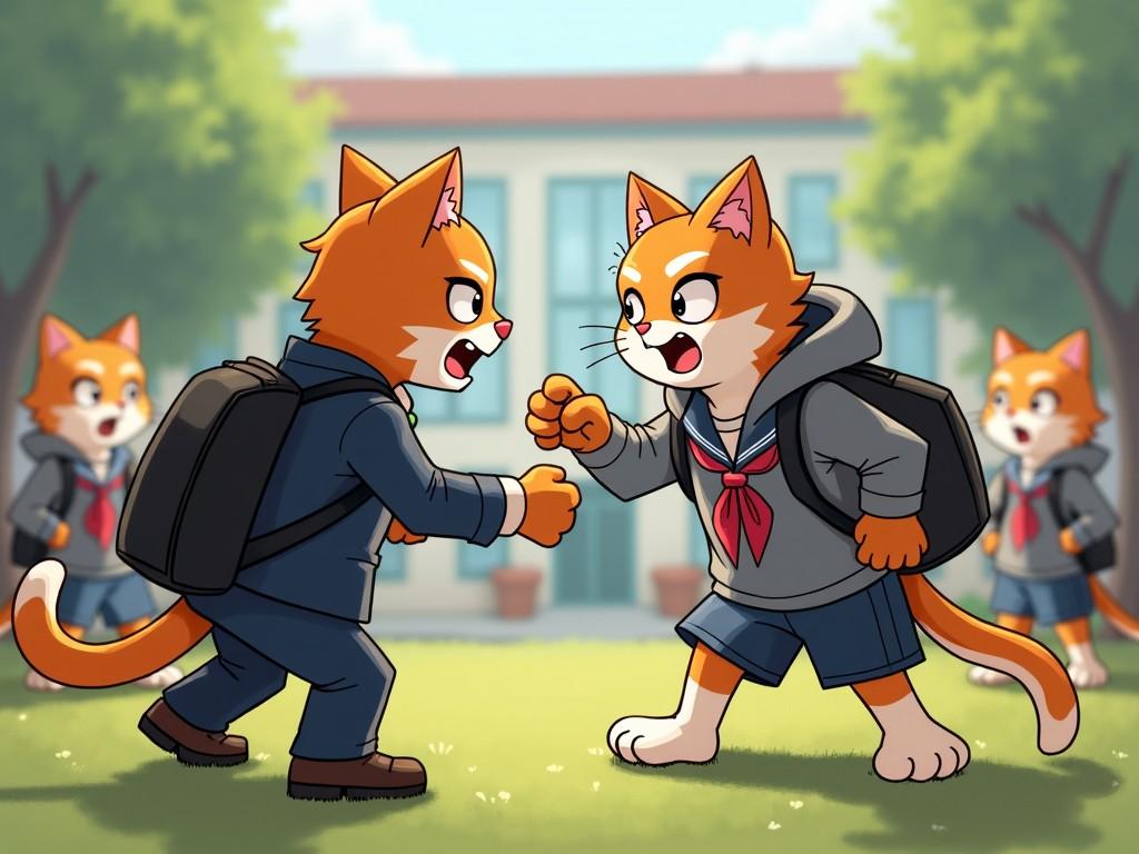 Two anthropomorphic cats are in a heated argument, standing face-to-face on a school playground. One cat is wearing a suit with a backpack, while the other is in a school uniform with a hood. Their facial expressions show anger and intensity, suggesting a disagreement or conflict. In the background, three other cats in school attire look on, appearing surprised or shocked by the scene. The setting includes a grassy area and a school building in the distance, creating an academic ambiance.