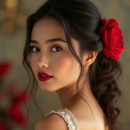 A beautiful woman with a serene expression poses in soft lighting. Subtle floral elements in the background create an elegant atmosphere. Her hair is styled with red flowers, and she is wearing a stylish outfit with an elegant touch.