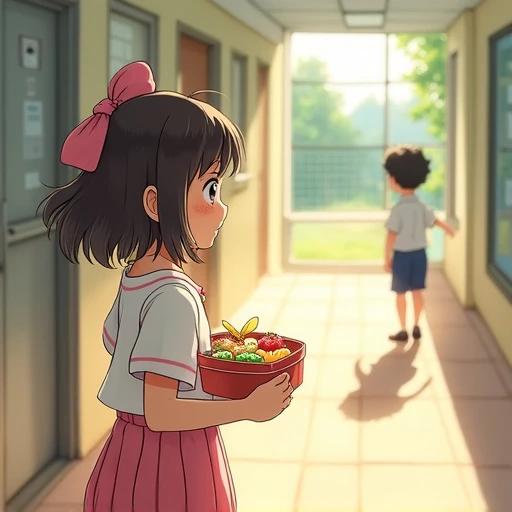 A childhood sweetheart girl smiles while holding a bento. She stands in a school corridor. Sunlight rests on her hair. The girl watches a boy playing ball nearby. A pink bow decorates her bento box. The corridor is bright and warm. Soft colors fill the image. The atmosphere is sweet and nostalgic.