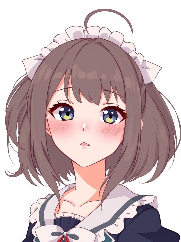 An anime-style illustration of a young woman with short brown hair, wearing a maid outfit, blushing.