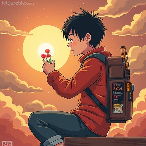 Anime style illustration of a boy sitting on a rock at sunset holding flowers. He has black hair and wears an orange jacket. A large sun and clouds in the background create a peaceful atmosphere.