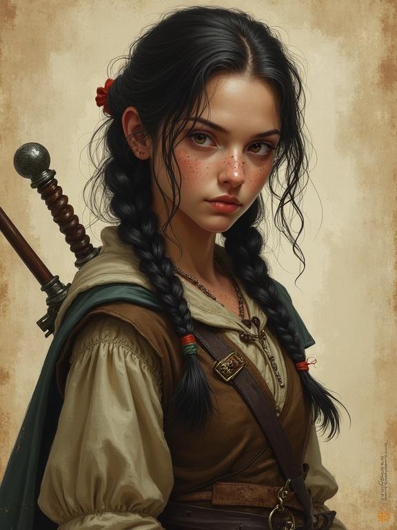 Character portrait of a female halfling with braids and dark hair. She has brown eyes and freckles with a sly expression. Poses confidently with a sword at her back. Background features worn parchment texture. Digital art in a fantasy style with semi-realistic details.