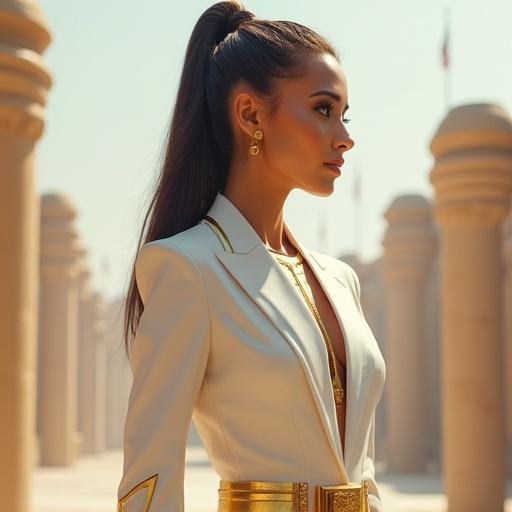 Create a female character symbolizing Egypt’s New Administrative Capital. Character in early 30s embodies confidence and elegance. Look blends modern and Pharaonic styles. Outfit is sleek and white with gold accessories. Background features futuristic urban elements. Personality combines intelligence, authority, and national pride. Character symbolizes city’s vision and emotional connection to the people. Soft cinematic lighting.