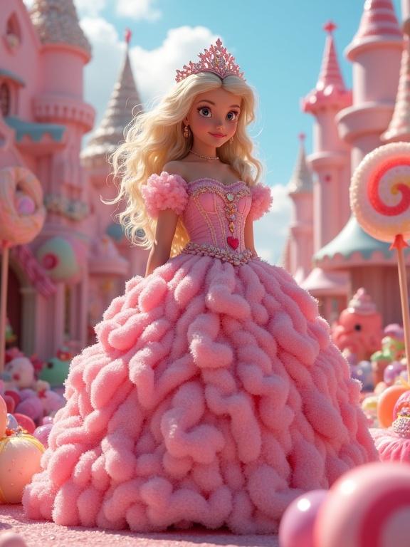 Candy kingdom princess stands in a colorful landscape. Surrounded by oversized sweets and playful creatures. Dress is made of spun sugar and lollipops. Whimsical candy-coated environment.