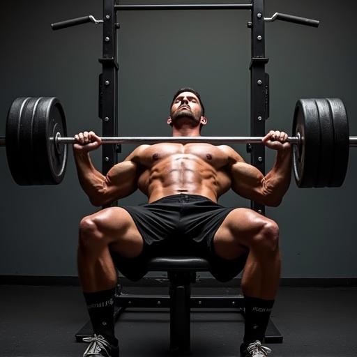 A man performing a bench press. He is focused, lifting heavy weights. The setting is a gym with gym equipment in the background.