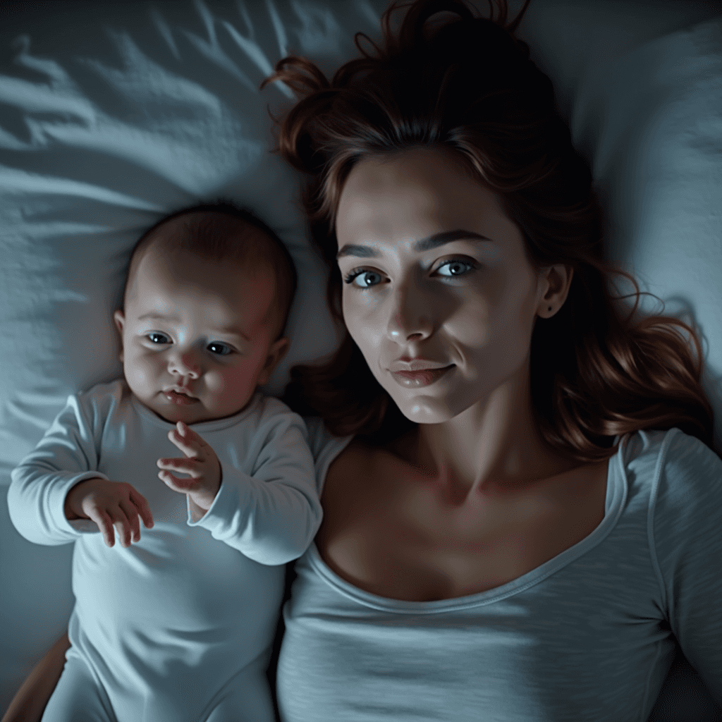 A mother and baby lying comfortably in bed, sharing a peaceful moment.