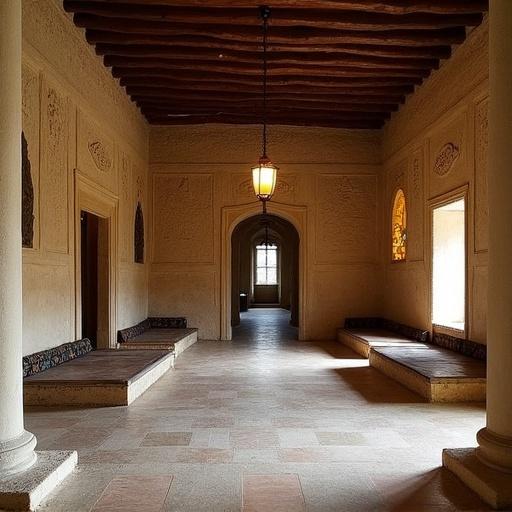 Interior space of a monastery in Bhutan. Features textured walls, wooden beams, and a spacious hallway. Arched doorways create depth. Soft lighting enhances tranquility.