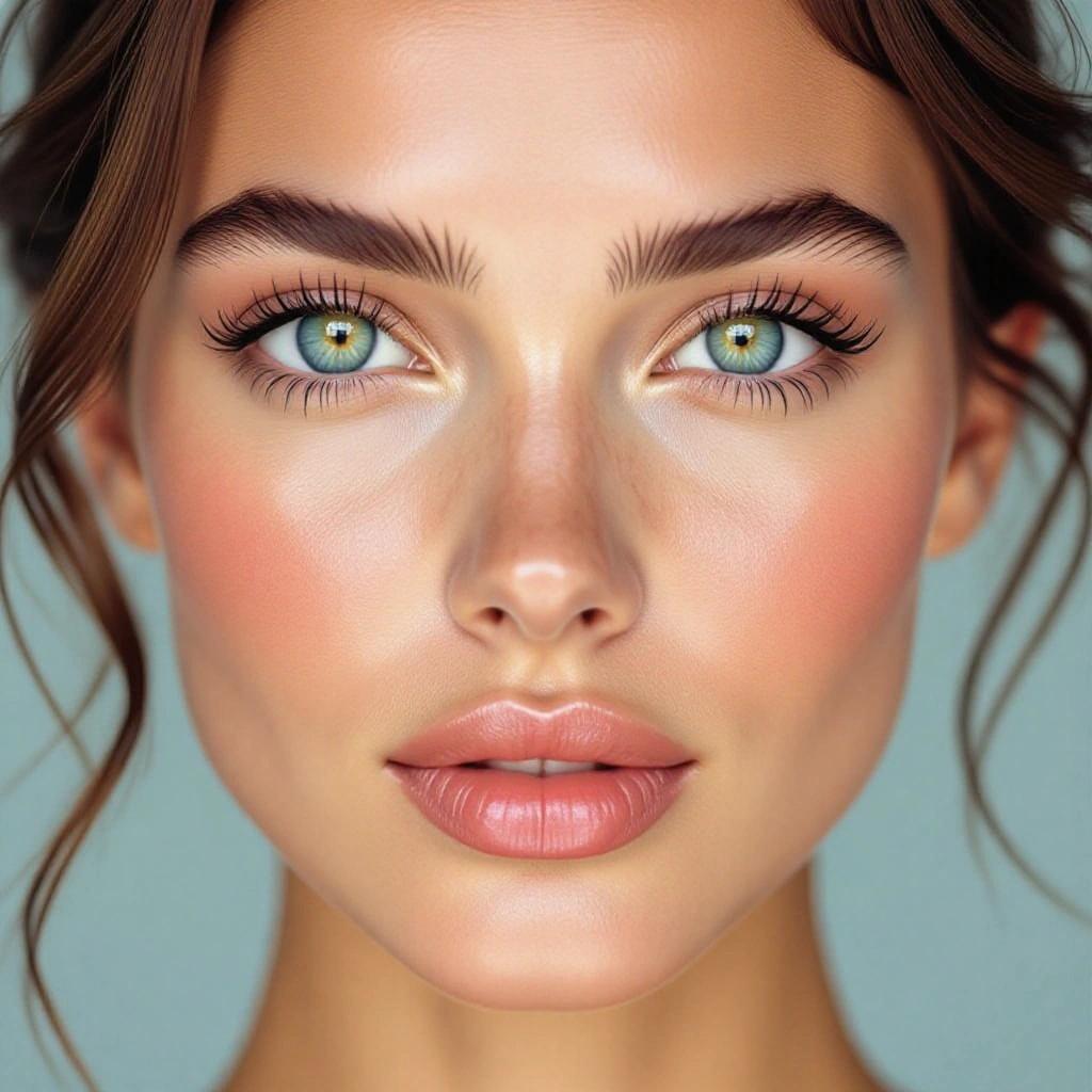 A portrait of a woman with smooth skin. Long wavy hair. Green eyes and defined features. She has a natural appearance.