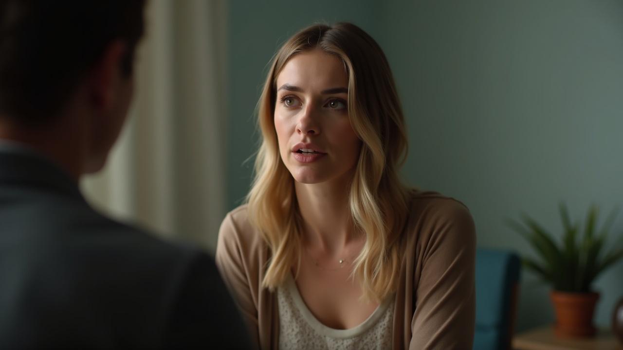 A woman having a serious conversation in a cozy, softly-lit room, with a potted plant in the background.