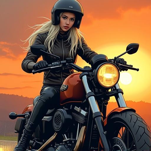 Colored sketch in comic-book style. Young Asian woman wears a motorcycle helmet. Long loose platinum hair. Sitting on a large powerful motorcycle. Dressed in leather jacket. Sunset in orange hues.