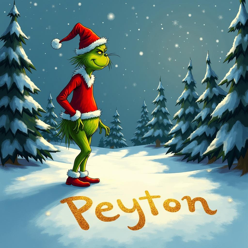 The Grinch stands in a snowy landscape surrounded by Christmas trees. The Grinch wears a red Santa outfit. The Grinch writes 'Peyton' in gold snow. The scene captures a whimsical Christmas spirit.