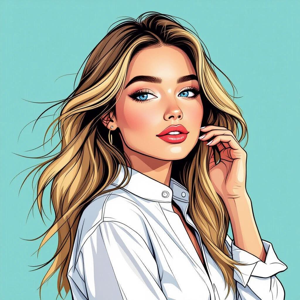 Portrait of a 19-year-old woman. She has bright blue eyes. Long straw-blonde hair blows in the wind. Wearing a white shirt knotted at the front. She brushes hair from her face with one hand. The illustration is in semi-realistic comic style.
