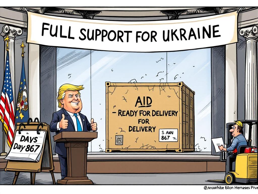 Cartoon depicting a politician at a podium in a White House press room. A banner shows support for Ukraine. Behind him is a shipping container marked Aid. The container looks dusty with cobwebs. A forklift operator stands nearby looking indifferent. Day 867 is marked on a calendar.