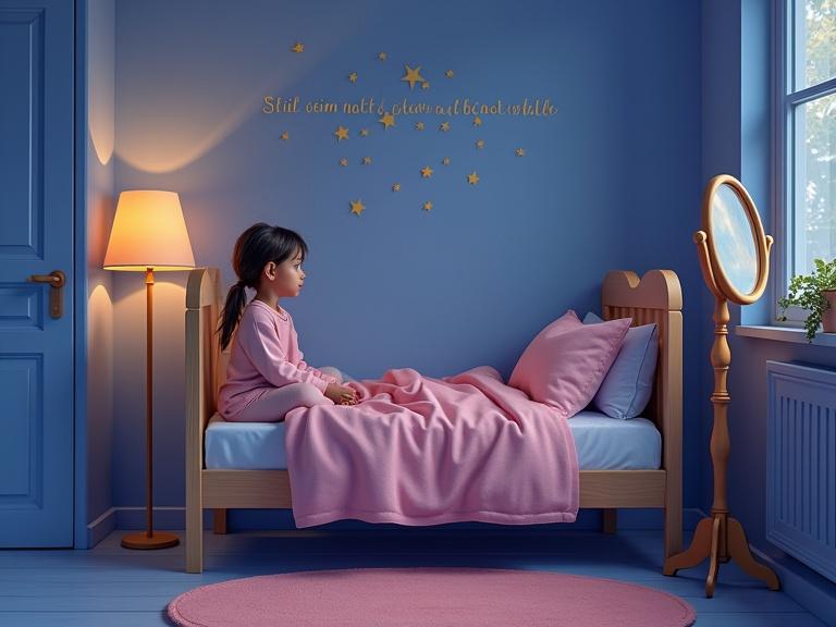 A calm warm evening mood in a simple lavender-toned children's room. In the center a small bed with a covering in muted pink and lavender. A girl with dark braids in a soft one-piece pajamas with a back closure is sitting on the edge of the bed. A pacifier is in her mouth. The figure looks with a calm almost reverent gaze into a standing mirror next to the bed. Her expression is serious and quiet with slightly flushed cheeks. On the wall the text 'Still sein macht brave Mädchen stark' is written in simple round letters. The style reminiscent of Van Gogh, colors are gentle and soothing.