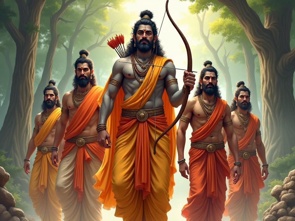 Image of five warriors from Hindu mythology walking through a forest, adorned in traditional attire with bows and arrows, strong and determined expression.