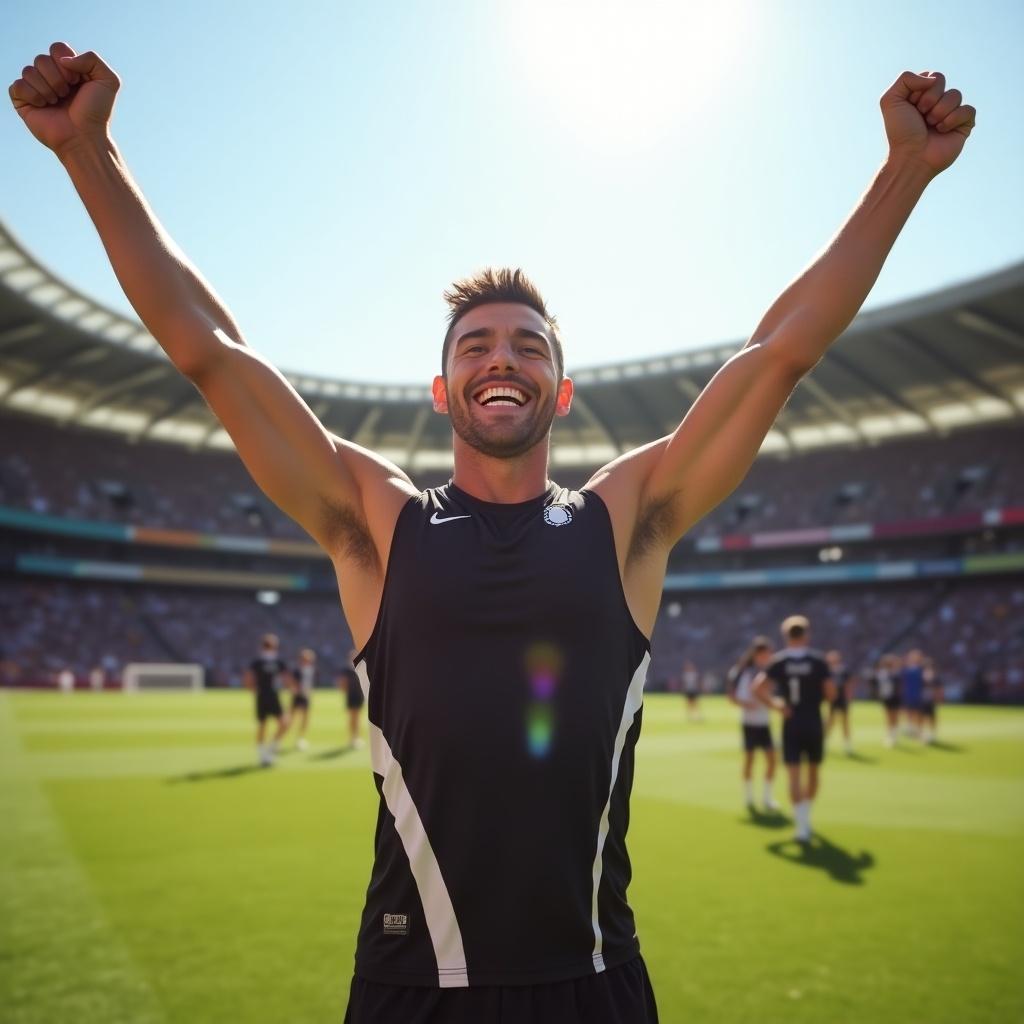 The image depicts an athlete celebrating in a victory pose with arms raised high in excitement. He has a wide smile on his face, expressing joy and triumph. The setting is an open stadium filled with spectators, creating an electrifying atmosphere. Sunlight brightens the scene, enhancing the celebratory mood. The athlete is dressed in a sleeveless sports jersey, emphasizing his athleticism.