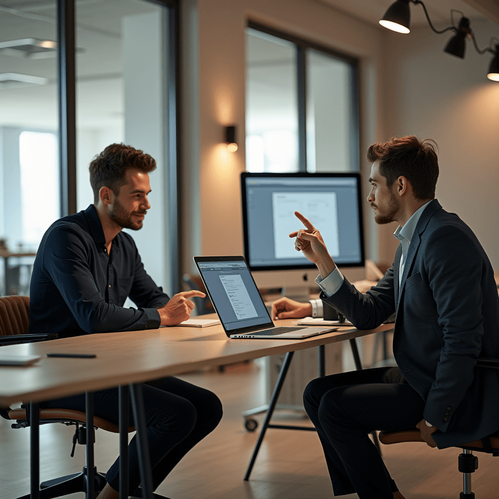 Two men in business attire are discussing something at a table in a modern office setting, pointing at a laptop screen.