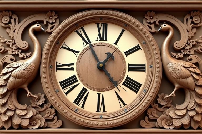 A large wooden clock features peacock and floral carvings. Nice natural wood tones are visible. The style is 3D rendering with subtle reflections.