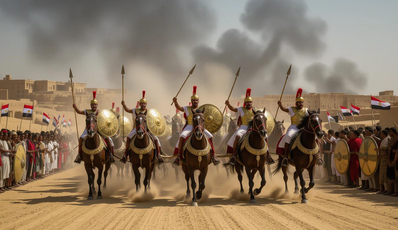 An impressive scene of Egyptian warriors on chariots charging forward. They raise their shields in a show of strength. Horses neigh with fury. Dust clouds swirl behind them. The atmosphere is tense. A dark sky looms in the background. The angle captures the urgency and power. The focus is on both the warriors and their chariots.