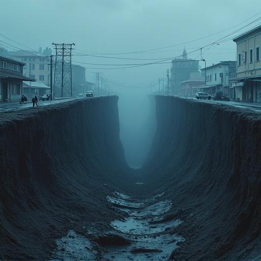 A town scene depicting a dark cinematic view of a huge crack splitting open the ground. The crack has divided buildings in half and created a deep chasm. There are cloudy skies, signs of an earthquake with people running away and cars lost in the crack. Powerlines and light poles are visible with shadows and textured details emphasizing the destruction.