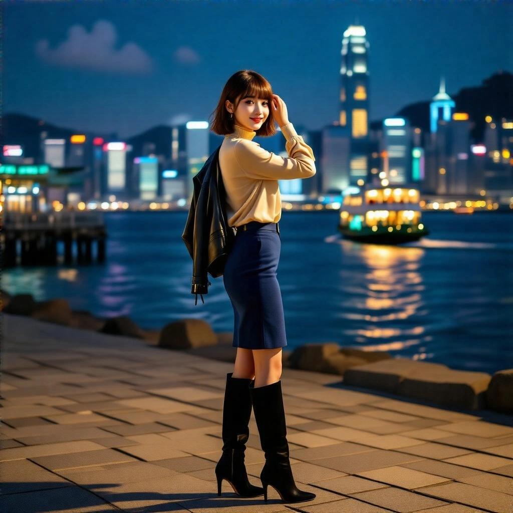 Elegant office lady standing near a city pier at night. 170cm tall with a bob hairstyle. Dressed in a champagne turtleneck shirt and dark blue pencil skirt. Black leather jacket and knee-high stiletto boots. Smiling while looking over her shoulder. Stone floor tiles visible. Neon-lit skyscrapers in the background. Side wide shot in Japanese anime stencil drawing style.