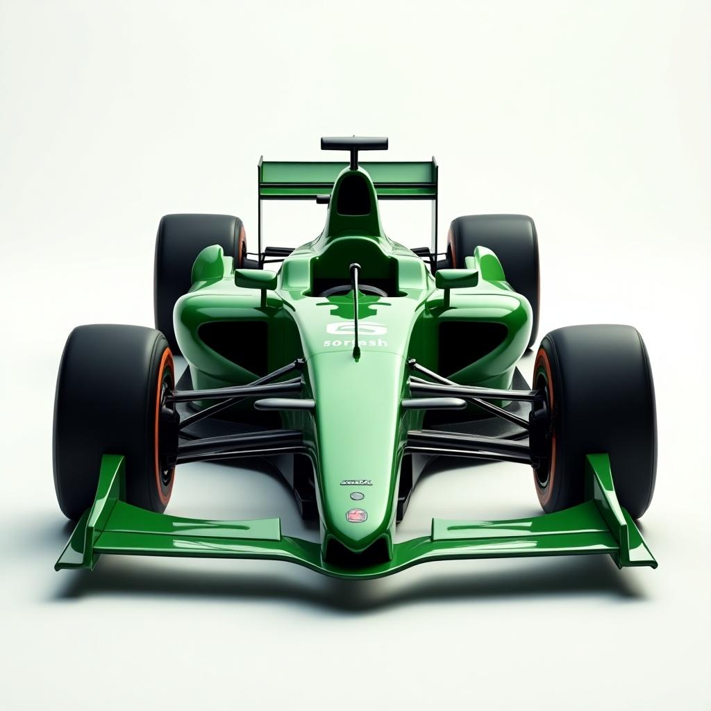 The image depicts a sleek green Formula One car, designed for high-speed racing. This vehicle features the iconic CDK black circle logo prominently displayed. The car is shown from a frontal perspective, allowing viewers to appreciate its aerodynamic shapes and sharp lines. The design emphasizes speed and efficiency, typical of top-tier motorsport vehicles. The lighting is soft, highlighting the car's polished surfaces and vibrant colors.