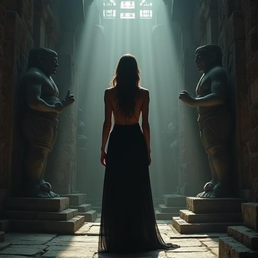 Cinematic scene with a stunning Indian female model in black dress. She stands in an ancient Hindu temple. Impressive black basalt statues surround her. Notable architecture with detailed craftsmanship. Mysterious atmosphere with cinematic lighting.