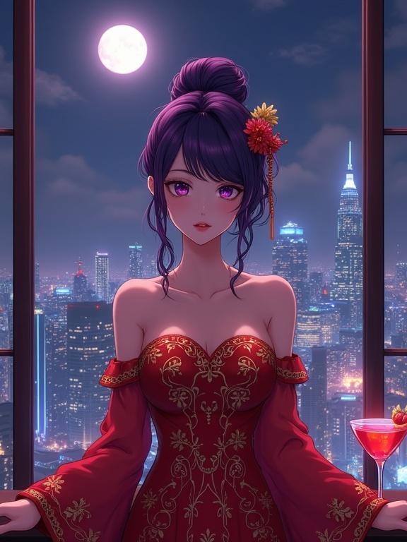 A stunning woman stands in front of a large window at an upscale lounge. She has violet hair styled in an intricate updo and wears a shiny red gown. The gown has gold floral embroidery and red sheer sleeves. A cocktail is on the bar. The city skyline is visible through the window, with a full moon casting a glow. Cinematic lighting enhances the scene with dramatic contrasts and romantic mood. The composition emphasizes elegance and modern sophistication.