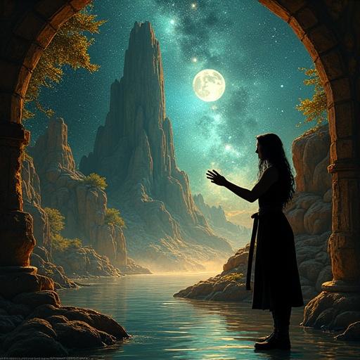 A dimly lit room features a black-haired mage-woman in a leather doublet and high boots creating a wind spell. She interacts with a hologram from a modern web-like tube on her glove. The scene is filled with vibrant patterns and colors from her brush as she draws on a surface. The river flows, revealing enchanting scenes including a tiger by a waterfall, a queen's guard, a soaring spaceship, a dragon awakening, and mysterious dolls. Artwork combines styles from various artists.