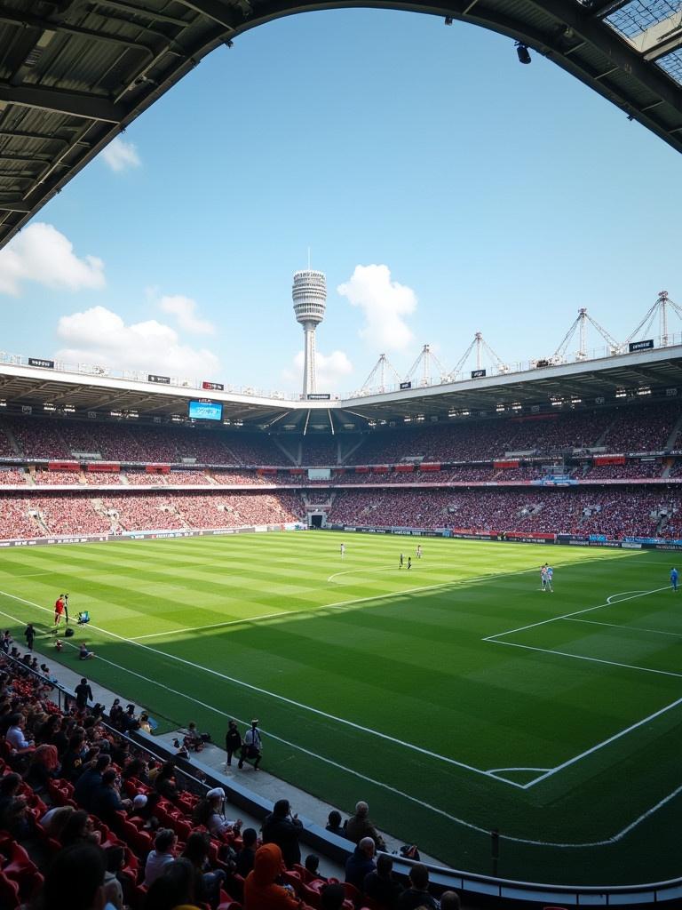 Soccer stadium with a capacity of 3,920. The stands are filled with spectators. Bright sunny day. Green grass field is well maintained. View from the stands.