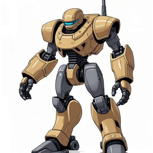 Robot designed in a cartoon style. Features large articulated arms and legs. Drawn with a focus on detailed mechanical elements.
