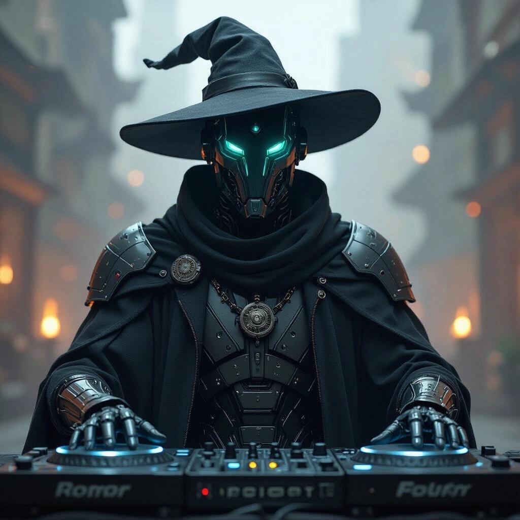 Dark cyborg wizard DJ appears on an album cover. Robotic features highlighted by glowing elements. Wearing a large hat and dark cloak while interacting with DJ equipment. The setting features a moody atmosphere with ambient city lights.