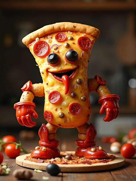 Whimsical humanoid character made of pizza toppings. Crust torso melted cheese joints. Pepperoni arms bell pepper fingers. Black olive eyes tomato slice mouth chili tongue. Decorated with mushrooms onions sausage armor. Posed heroically on pizza peel rustic counter. Scattered ingredients warm lighting playful style.