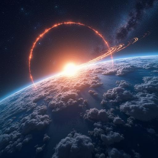 Illustration depicting a meteor impact scenario with a view of Earth from space during sunrise. The sun appears bright on the horizon, casting dramatic light on cloud formations.