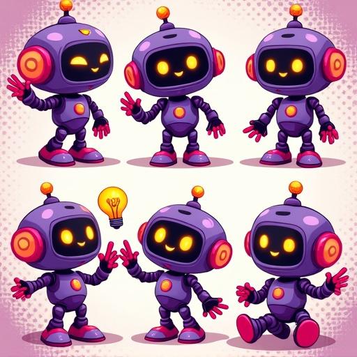 Series of cute cartoon robots in various poses and expressions. Robots designed with vibrant purple and pink colors. Feature glowing orange accents. Robots have round heads with digital eyes on black screens. Each has a small antenna topped with a yellow orb. Includes elements like floating propulsion flames. Poses include waving, pointing, thinking with a lightbulb, dancing, and sitting. Background features colorful halftone pattern in comic book style.