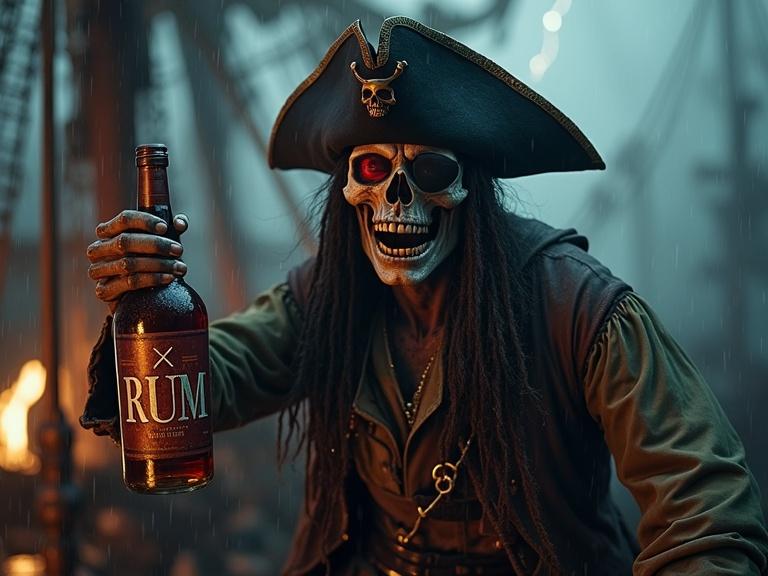 A pirate on a wooden ship holds a bottle of rum labeled with 3 X's. The pirate laughs evilly with gold teeth. Wearing a black eye patch and has one glowing red eye. The pirate hat features a skull symbol. Instead of a left arm, the pirate has an iron claw. The scene has heavy rain and visible lightning. The deck is cluttered with barrels and drunken skeletons. The rum bottle design is inspired by the 1500s to 1600s.