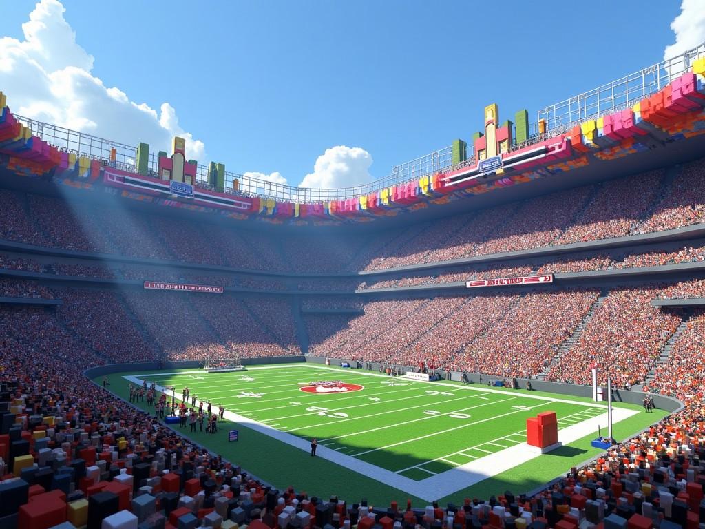 This image showcases a large Minecraft stadium designed for American football, capable of seating 150,000 fans. The stadium is intricately built with blocks typical to Minecraft, featuring grand architectural elements. It cost an astounding $13 billion, reflecting the immense scale and detail of the construction. The vibrant colors of the seating and decorations stand out under the bright blue sky adorned with fluffy clouds. A busy football game unfolds on the field, engaging the enthusiastic crowd.