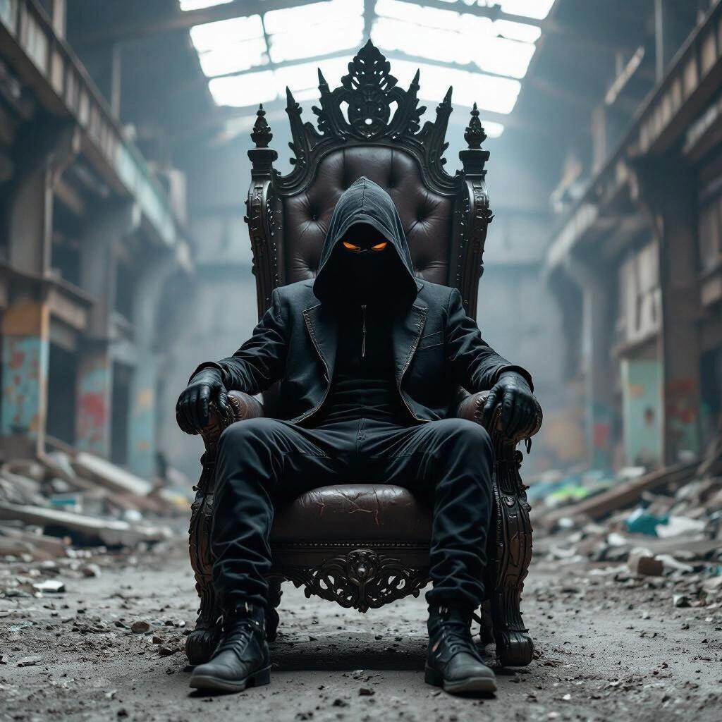 Portrait of a masked figure seated on an impressive throne in a crumbling tech warehouse. Dark atmosphere surrounds the figure in trendy clothing.