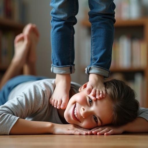 Smiling barefoot girl wearing jeans standing on face of female classmate laying on the floor.