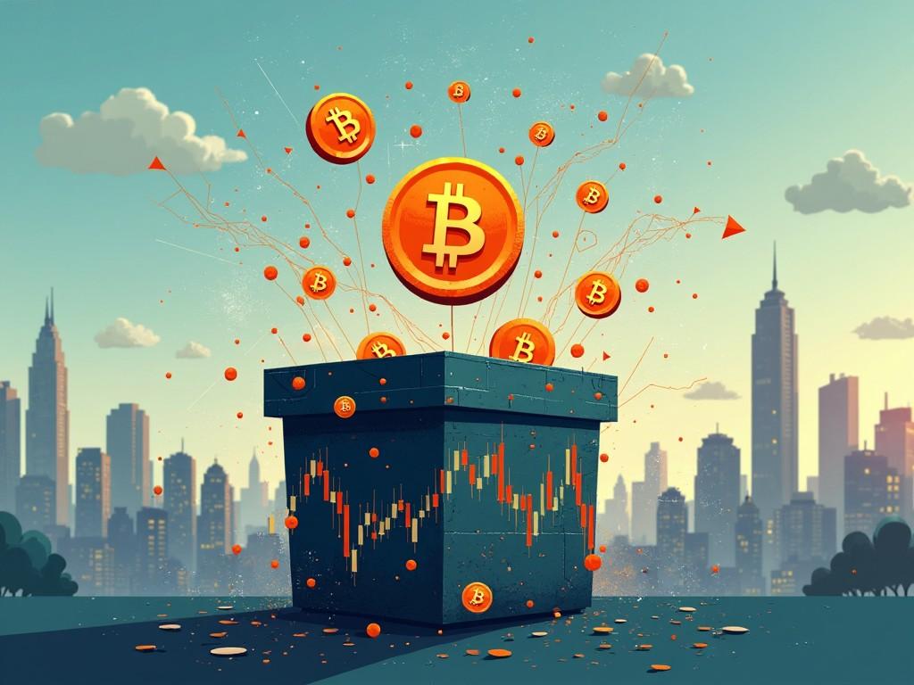 This image depicts a stylized box bursting open with Bitcoin symbols rising out of it. The backdrop features a city skyline, evoking a modern financial atmosphere. Elements like charts and smaller Bitcoin icons around the box suggest a connection to market fluctuations. The visual representation signifies the growth and potential volatility associated with Bitcoin. The color palette is vibrant, featuring blues and oranges for contrast, making it eye-catching and dynamic.