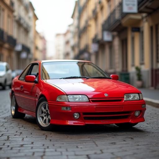 Red Pontiac version of 1991 Opel Calibra. Car parked in a city street with cobblestones.