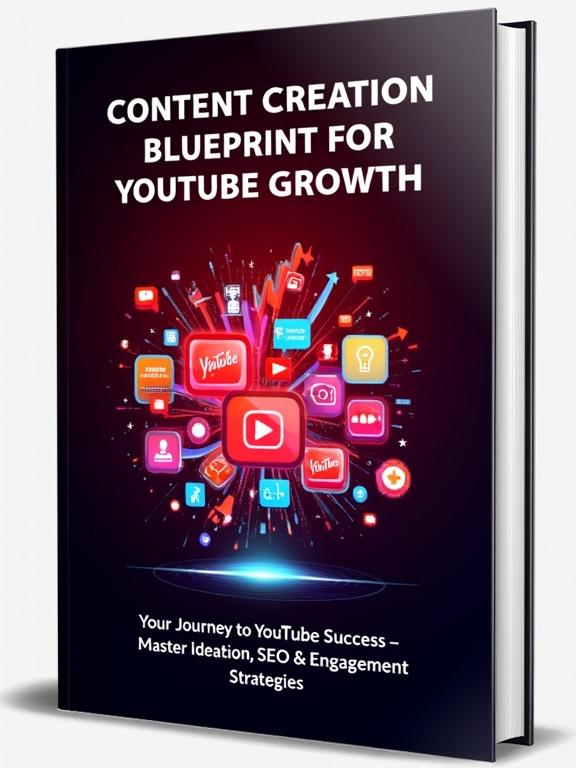 Modern professional ebook cover design with dark red to black gradient background. Central image is a stylized explosion of colorful YouTube play buttons charts showing growth lightbulbs for ideas SEO keywords tags and engagement icons like hearts and comments. Text at the top in bold clean font reading 'Content Creation Blueprint for YouTube Growth'. Below that smaller text stating 'Your Journey to YouTube Success Master Ideation SEO and Engagement Strategies'. Sleek tech-inspired design with a futuristic and motivational vibe.