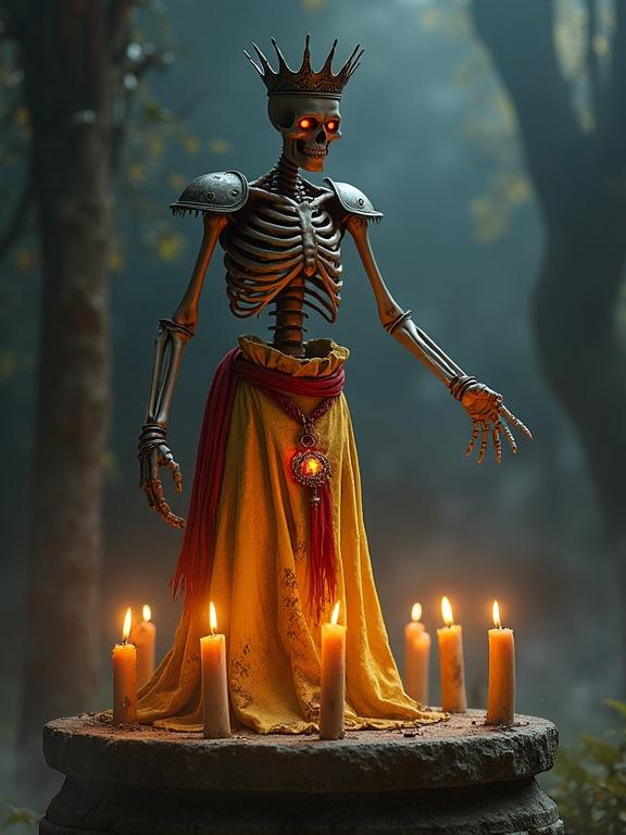 Dark lich skeleton floating above a stone pedestal. Glowing red eyes. Dressed in tattered yellow skirt and red sash. Metal crown and shoulder plates. Pointing finger reaching for a spell. Surrounded by flickering candles.