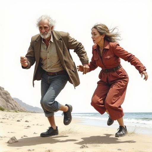 Two figures running on the beach. An older man and a woman engaging in playful activity. Bright sunny day with a detailed realistic atmosphere. The scene evokes energy and movement.