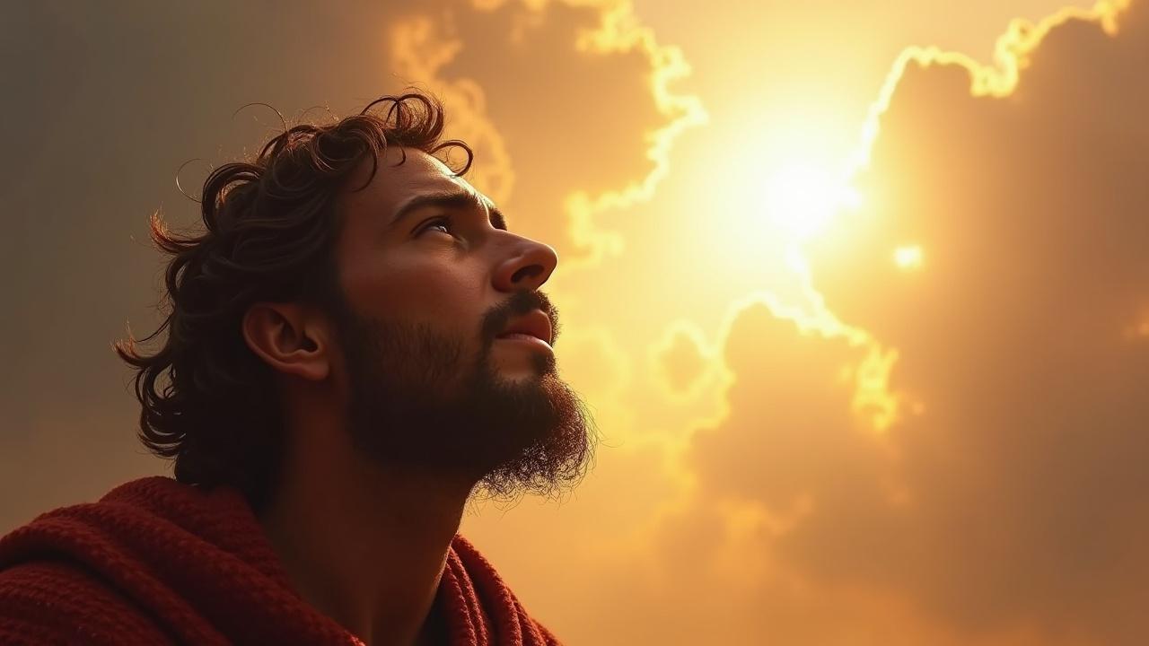 A man gazing upwards, with a glowing sun partially covered by clouds, warm colors, inspiring theme