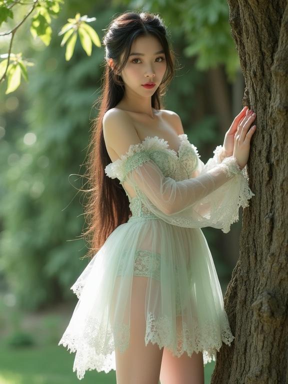 Full body shot of a young Chinese lady in a pastel colored transparent outfit. She climbs a tree in an outdoor garden. The outfit features delicate lace elements in black, cream, and mint green with a sweetheart neckline. The design is off-the-shoulder. Long hair tied back. Stockings and garter add vintage feel. Scene bathed in natural light shows lush greenery.