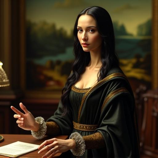 A realistic android secretary stands near a desk. She holds a document while the other hand gestures gently. Posture is upright and confident. Body is turned to the side. Timeless allure with a gentle smile. Large almond-shaped eyes with golden flecks. Glossy black hair styled in soft waves. Wearing an elegant mini skirt suit inspired by classical attire. Richly textured skirt in muted greens and browns. Circuit patterns appear subtly on the face. Background is a dimly lit Renaissance-style study room.