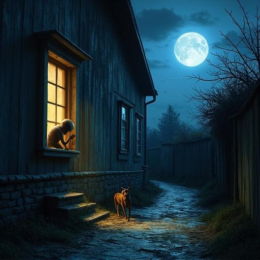 Scene depicts an alley behind an old house at night. A full moon illuminates the setting. A person is emerging from a tiny underground window, only upper body visible. A guard dog looks on curiously. The moonlight creates a mystical ambiance around the scene.