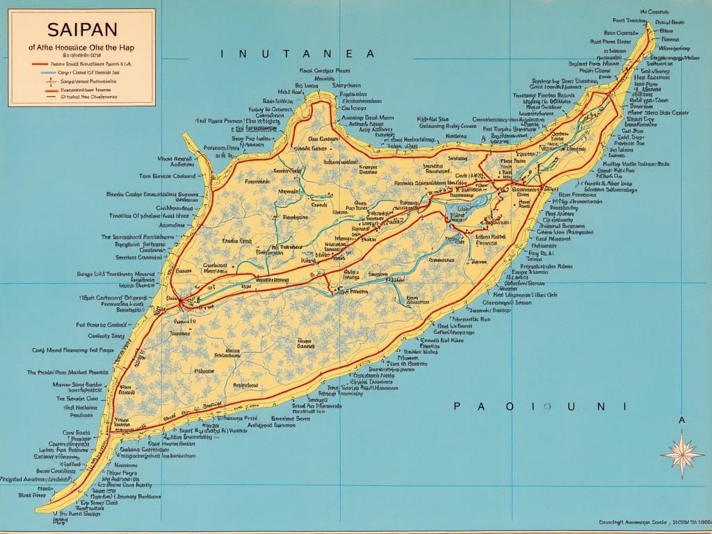 This is a detailed map of Saipan, a beautiful island in the Mariana Islands. The map highlights various tourist attractions, landmarks, and historical sites. The clean layout and bright colors make it easy to identify routes and points of interest. It's an excellent resource for both travelers and locals. The geographical features are well represented, showing the natural beauty of the island.